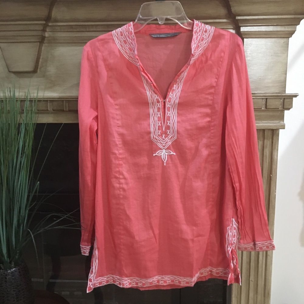 Zara Coral & Orange White Embroidered Peasant long sleeve Top L